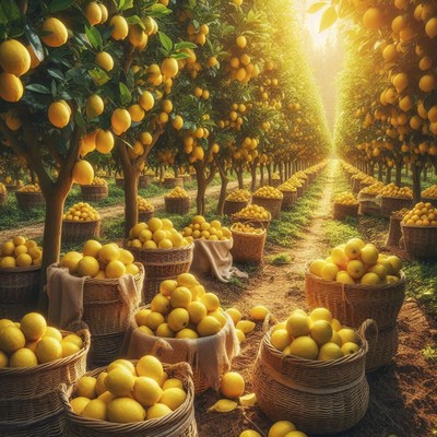 A lemon orchard at sunset, with baskets full of ripe fruit