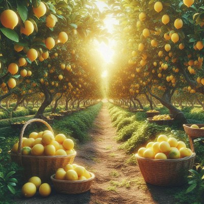 A sunny lemon orchard with ripe lemons in baskets