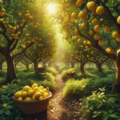 A sunny path leads through a lemon grove