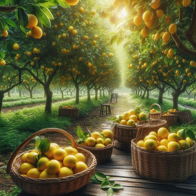 Fresh lemons in baskets under a lemon grove