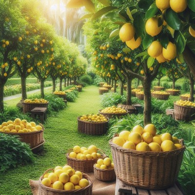A sunny lemon orchard with baskets of ripe lemons