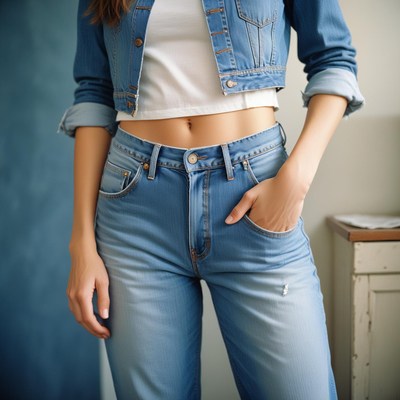 A woman wears high-waisted jeans and a denim jacket