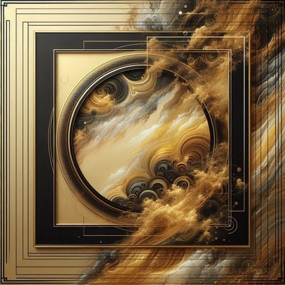 A circular design with a gold and black frame