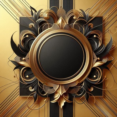 A gold frame with ornate details surrounds a black circle