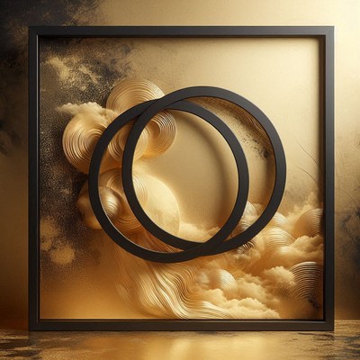 Black circles frame a golden abstract design