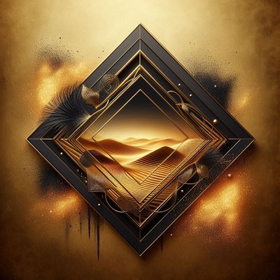 A desert scene framed in gold and black