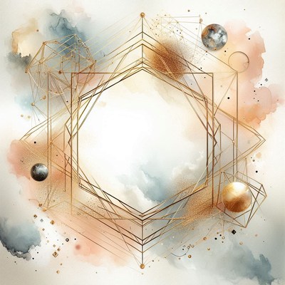 Golden geometric frame with spheres on watercolor