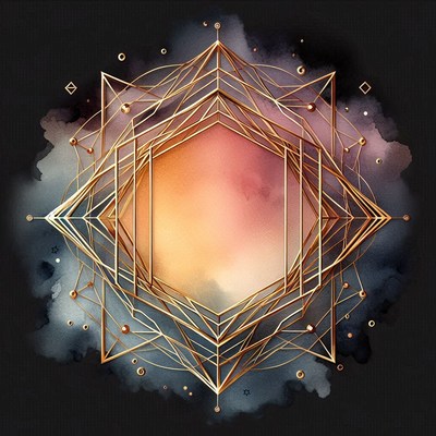 A golden geometric frame with watercolor background