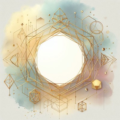 A golden geometric frame with a watercolor background