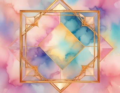 Gold frame with a delicate pattern holds vibrant watercolor