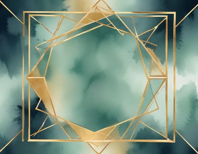 A geometric frame in gold on a teal background