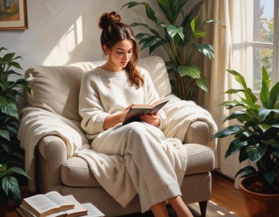 Woman reads in a chair under the afternoon sun