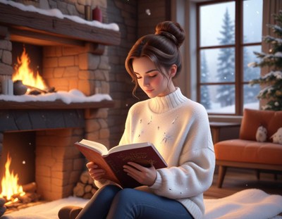 A woman reads a book by a fireplace on a snowy day