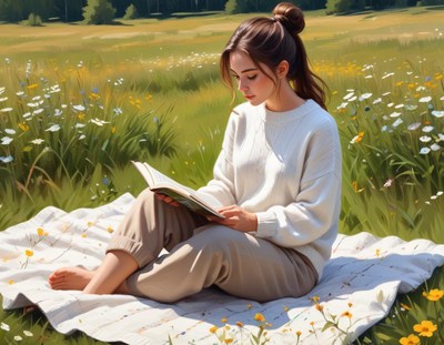 A woman reads a book on a blanket in a field of flowers