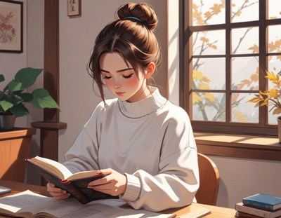 A woman reads a book by a window