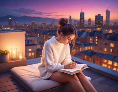 A woman reads on a rooftop at dusk