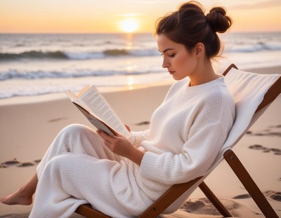 A woman reads a book on a beach chair at sunset