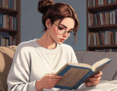 A woman reads a book in a cozy living room