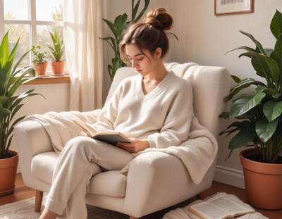 Woman reads a book in a sunny armchair