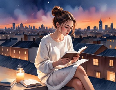 A woman reads a book on a rooftop at dusk