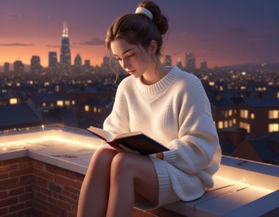 A woman reads a book on a rooftop at dusk