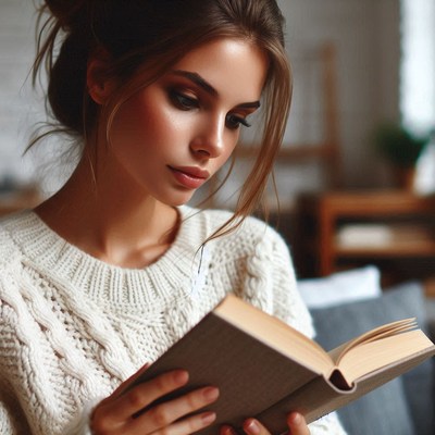A woman reads a book in a cozy setting
