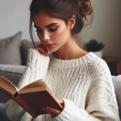 A woman in a white sweater reads a book
