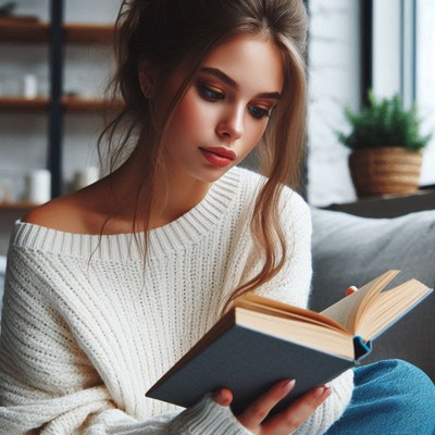 A woman reads a book while sitting on a couch