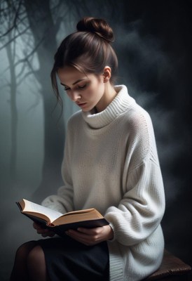 A woman reads a book in a dimly lit room