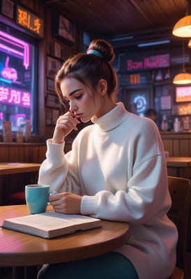 A woman reads a book in a cafe, enjoying a cup of coffee