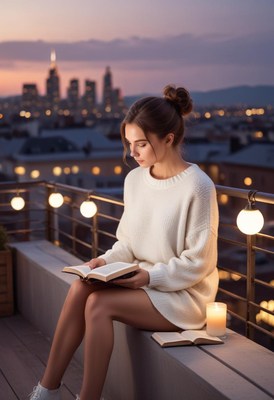 A woman reads a book on a rooftop at dusk