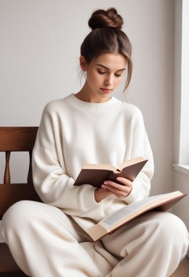 A woman in a white sweater sits and reads a book
