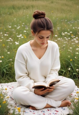 A woman reads a book in a field of flowers