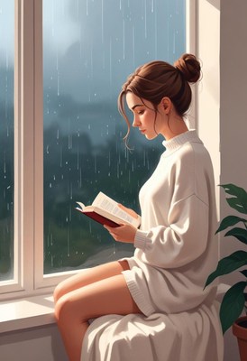 A woman reads a book by the window on a rainy day