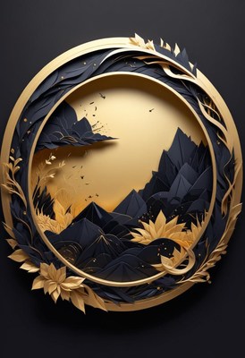 A black and gold paper art piece depicting a mountain range
