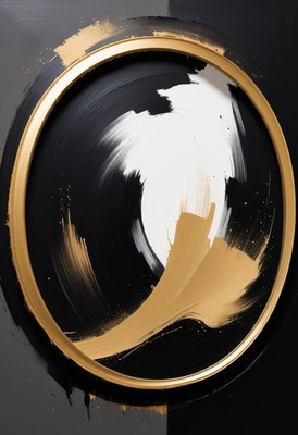 A gold and black abstract painting with white brushstrokes