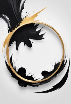 Black and gold paint splatters create a circle