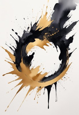 Black and gold paint splatter art on white canvas