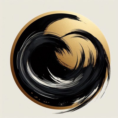 Black and gold abstract painting in a circular frame