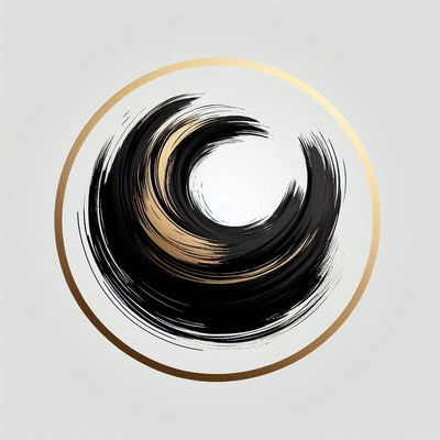 A black and gold abstract circle with a white background