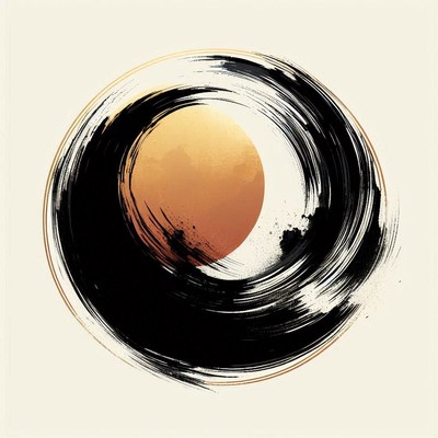 A black brushstroke circle with a gold sun inside