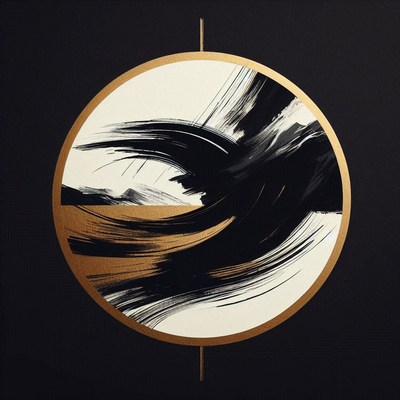 Black and gold abstract art piece with brush strokes