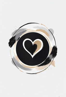 Black and white heart in a circle with brown-gray strokes