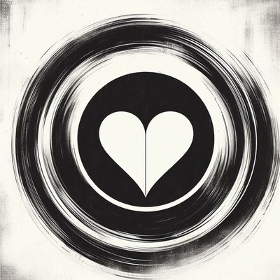 A white heart in a black circle with brush strokes