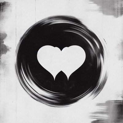 A white heart in a black circle with brushstrokes