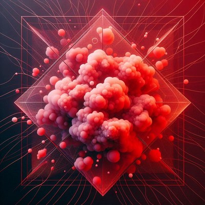 A red cloud of bubbles fills a geometric frame