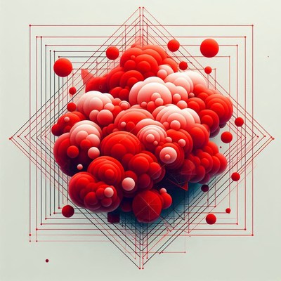 Red and white spheres in a geometric grid