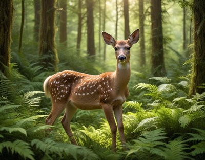 A deer stands in a forest
