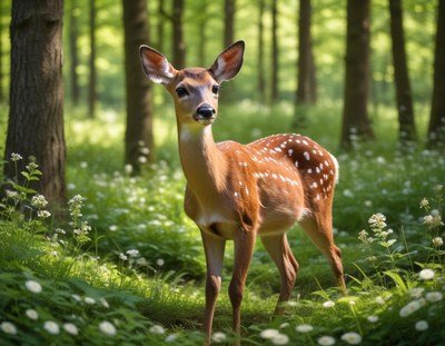 A young deer stands in a forest