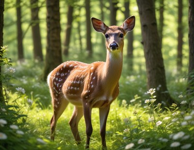 A young deer stands in a forest